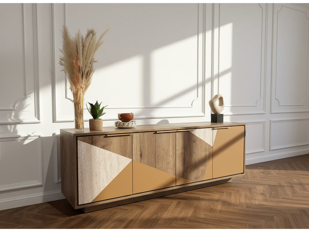 Tulum - Buffet 4 Portes 190 Cm Effet Bois Et Travertin