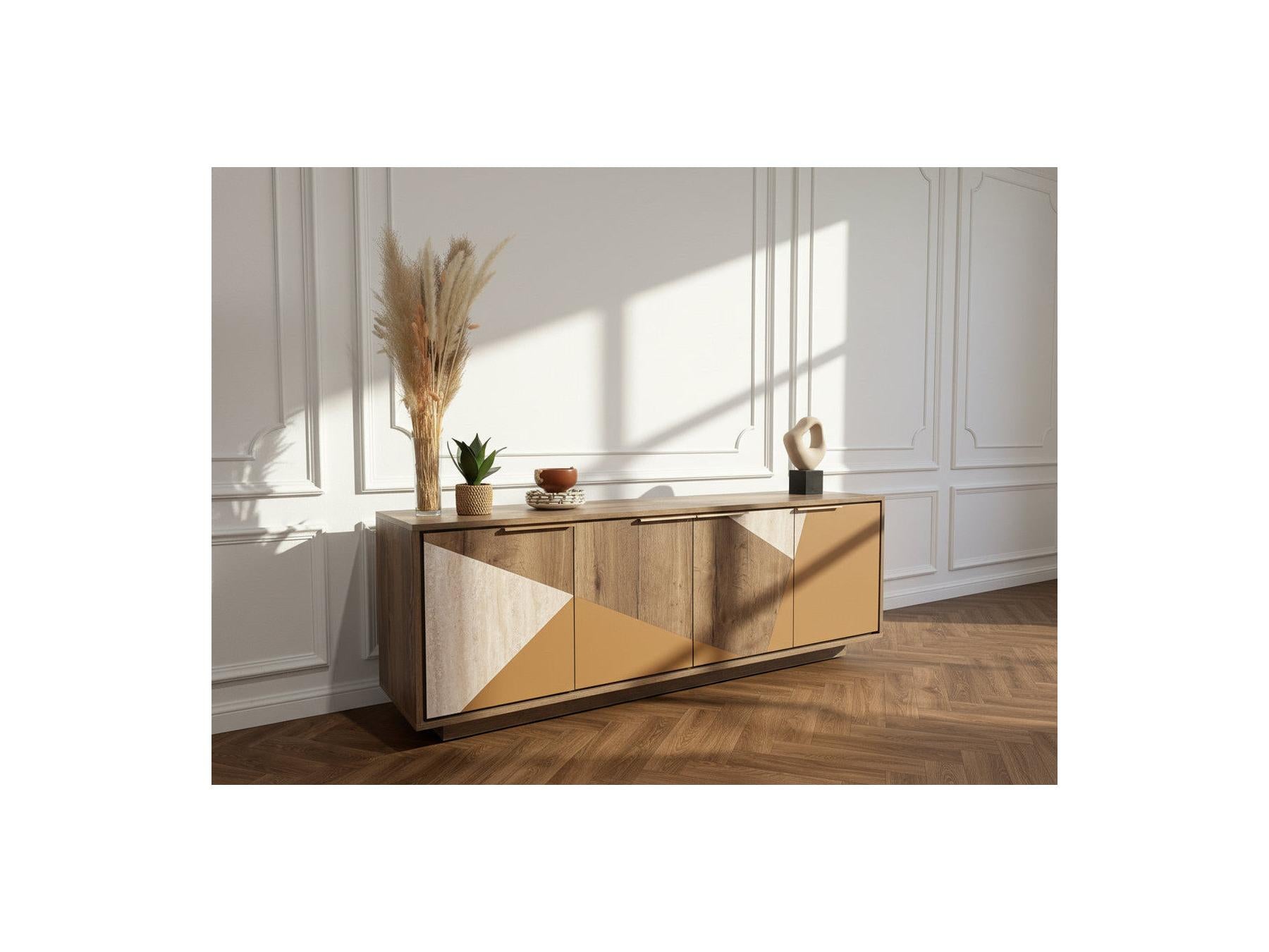 Tulum - Buffet 4 Portes 190 Cm Effet Bois Et Travertin