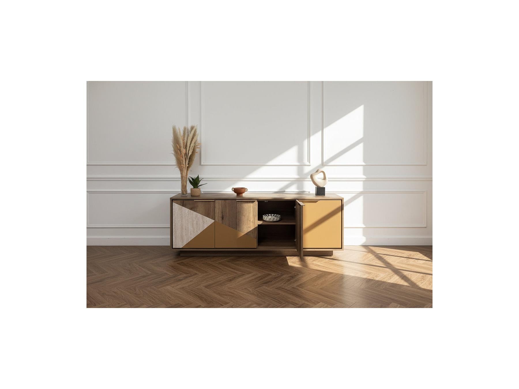 Tulum - Buffet 4 Portes 190 Cm Effet Bois Et Travertin