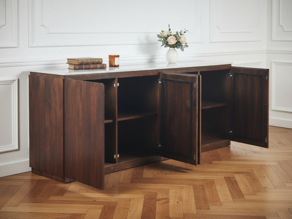 Barbara - Conjunto Barbara con aparador + mueble de TV de madera maciza de mango y mármol