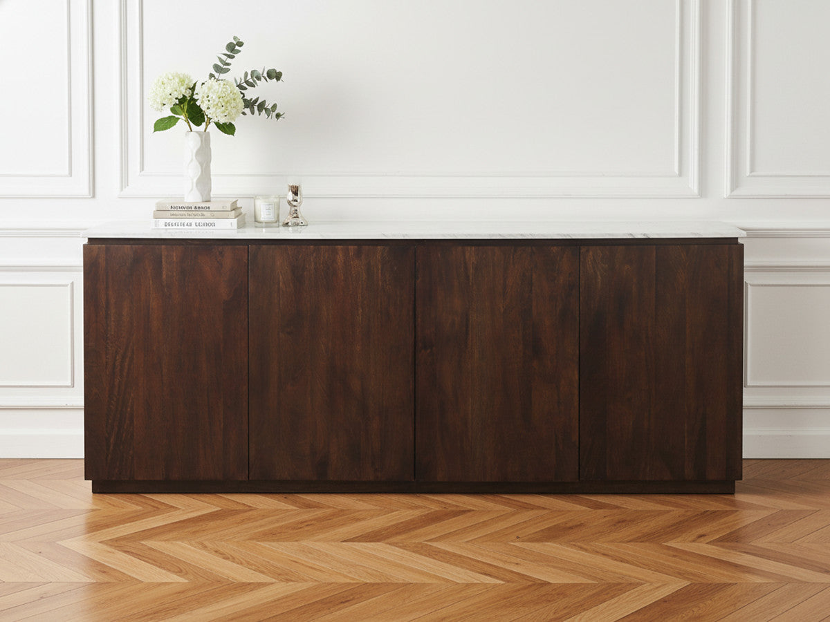 Barbara - Conjunto Barbara con aparador + mueble de TV de madera maciza de mango y mármol