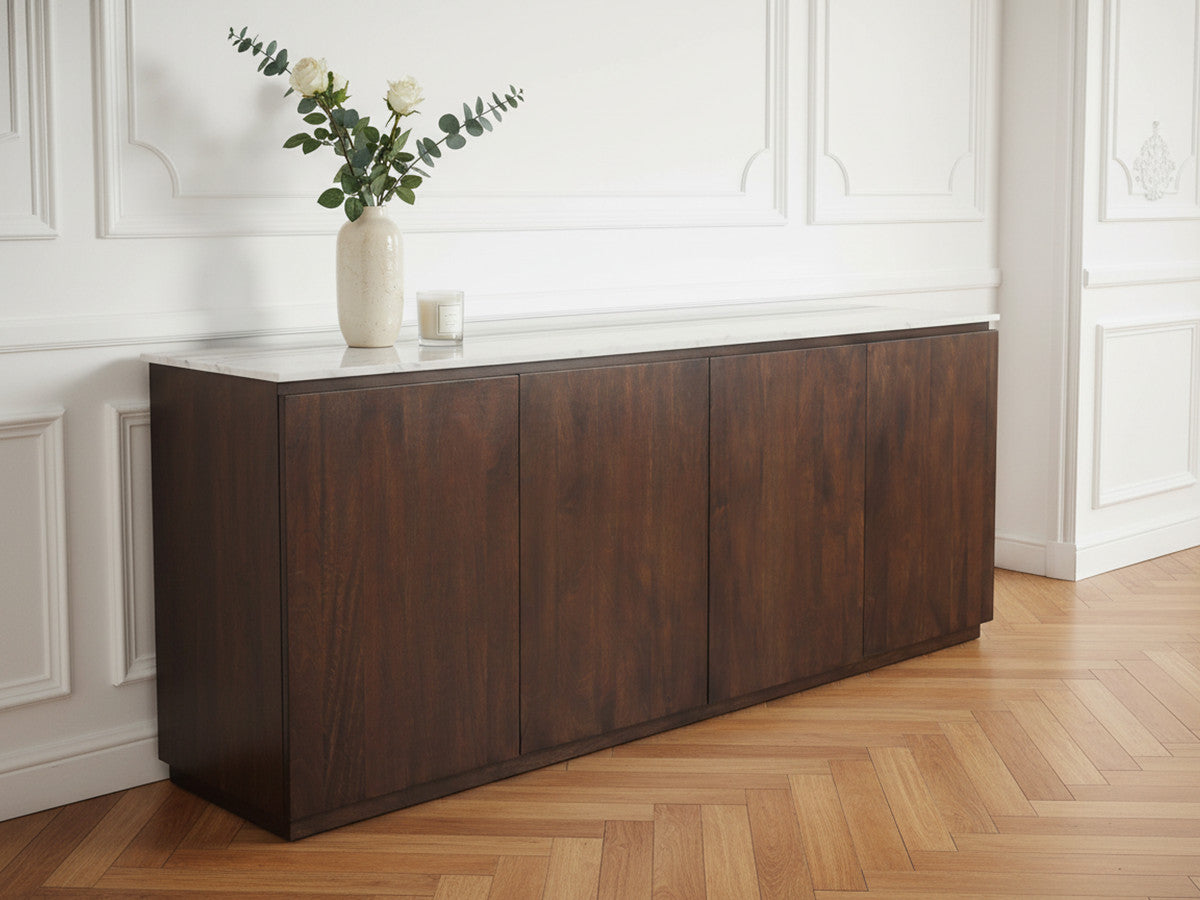 Barbara - Conjunto Barbara con aparador + mueble de TV de madera maciza de mango y mármol