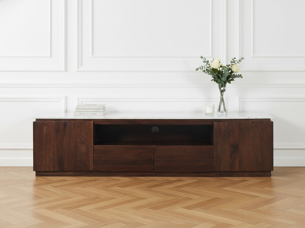 Barbara - Conjunto Barbara con aparador + mueble de TV de madera maciza de mango y mármol