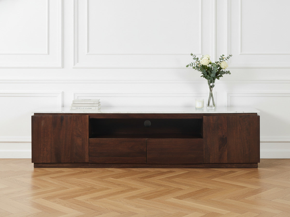 Barbara - Conjunto Barbara con aparador + mueble de TV de madera maciza de mango y mármol