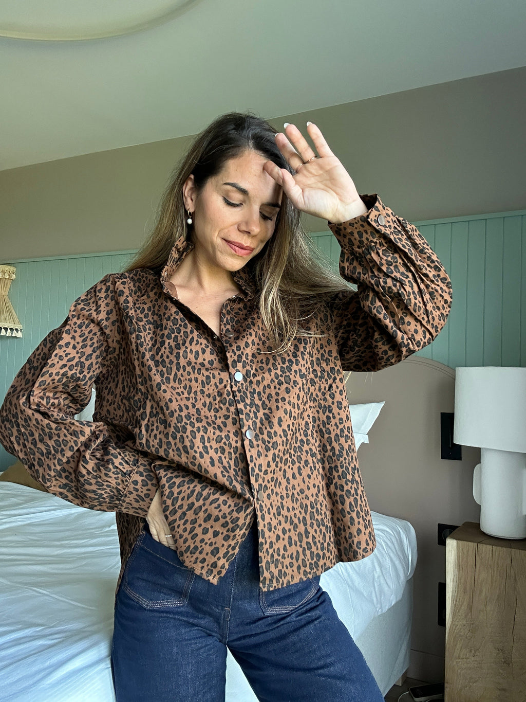 Veste En Jean Céleste Léopard Marron