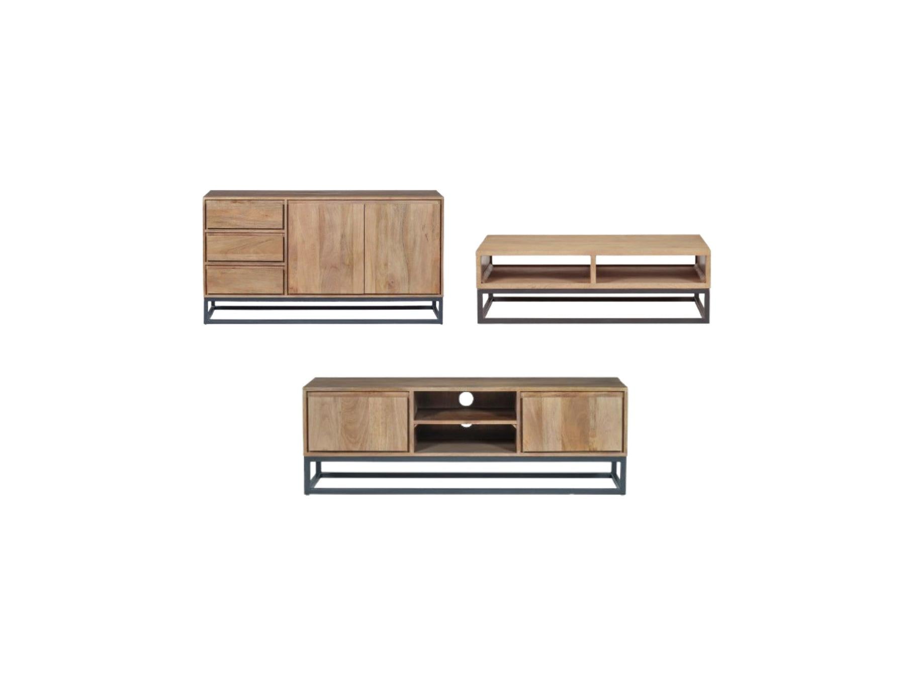 Bergerac - Ensemble Avec Buffet 150 Cm + Meuble Tv 140 Cm + Table Basse Bois Massif De Manguier