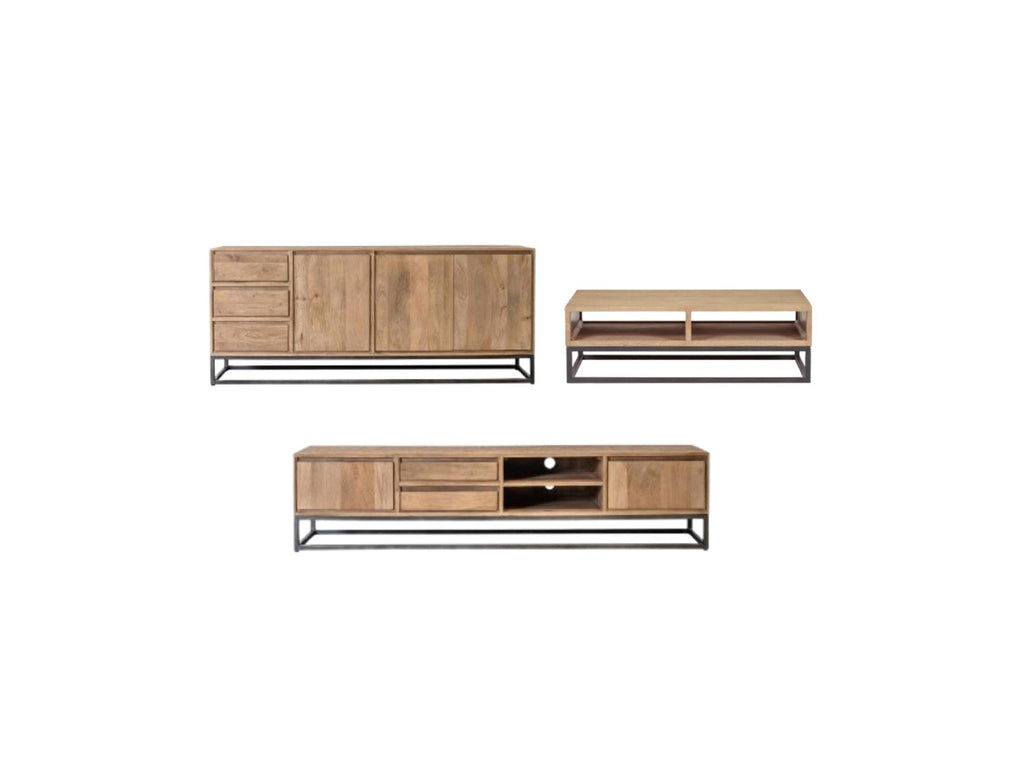 Bergerac - Ensemble Avec Buffet 190 Cm + Meuble Tv 200 Cm + Table Basse Bois Massif De Manguier