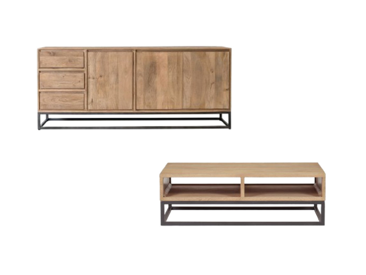 Bergerac - Ensemble Avec Buffet 190 Cm + Table Basse Bois Massif De Manguier