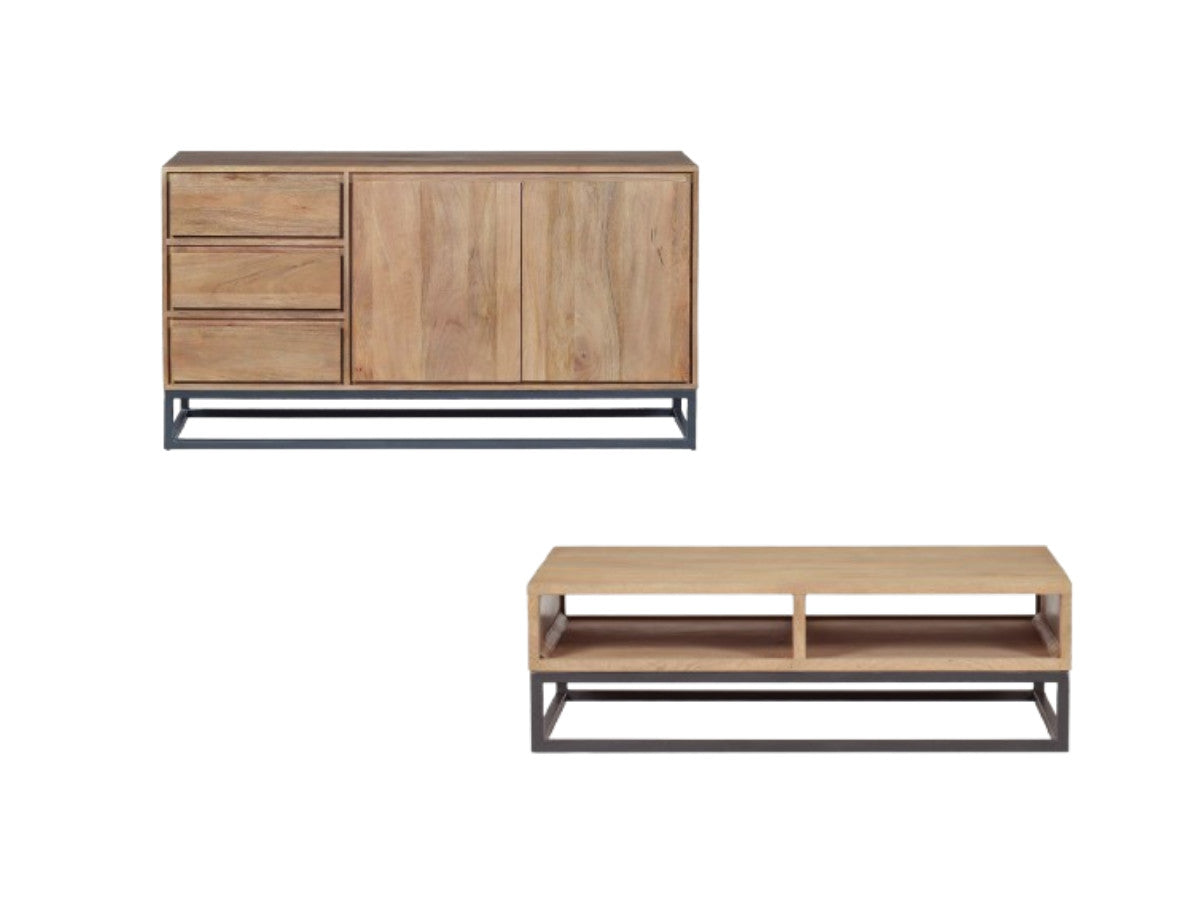 Bergerac - Ensemble Avec Buffet 150 Cm + Table Basse Bois Massif De Manguier