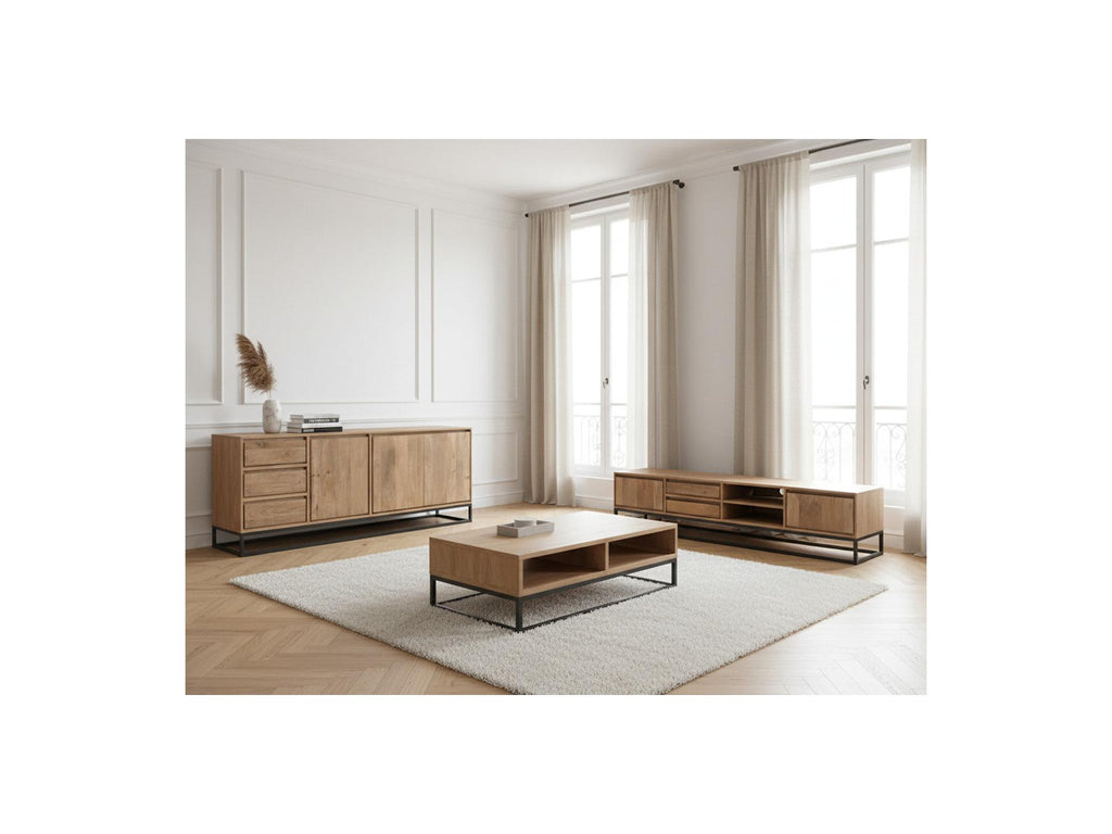Bergerac - Ensemble Avec Buffet 190 Cm + Meuble Tv 200 Cm + Table Basse Bois Massif De Manguier