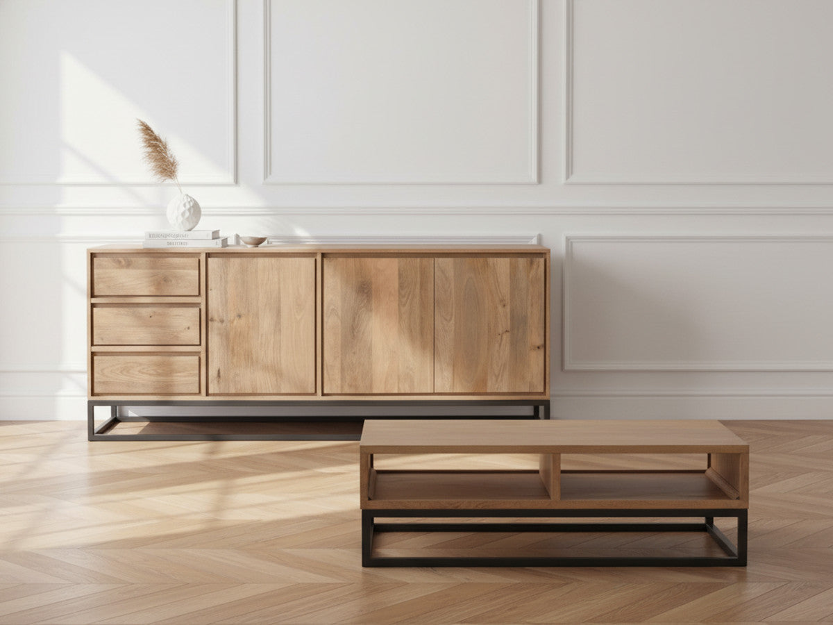 Bergerac - Ensemble Avec Buffet 190 Cm + Table Basse Bois Massif De Manguier