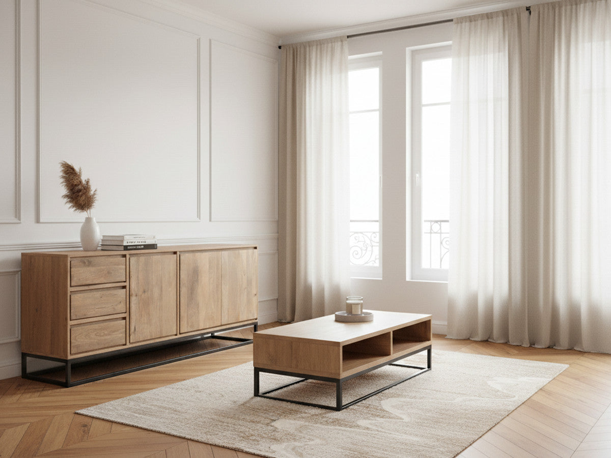 Bergerac - Ensemble Avec Buffet 190 Cm + Table Basse Bois Massif De Manguier