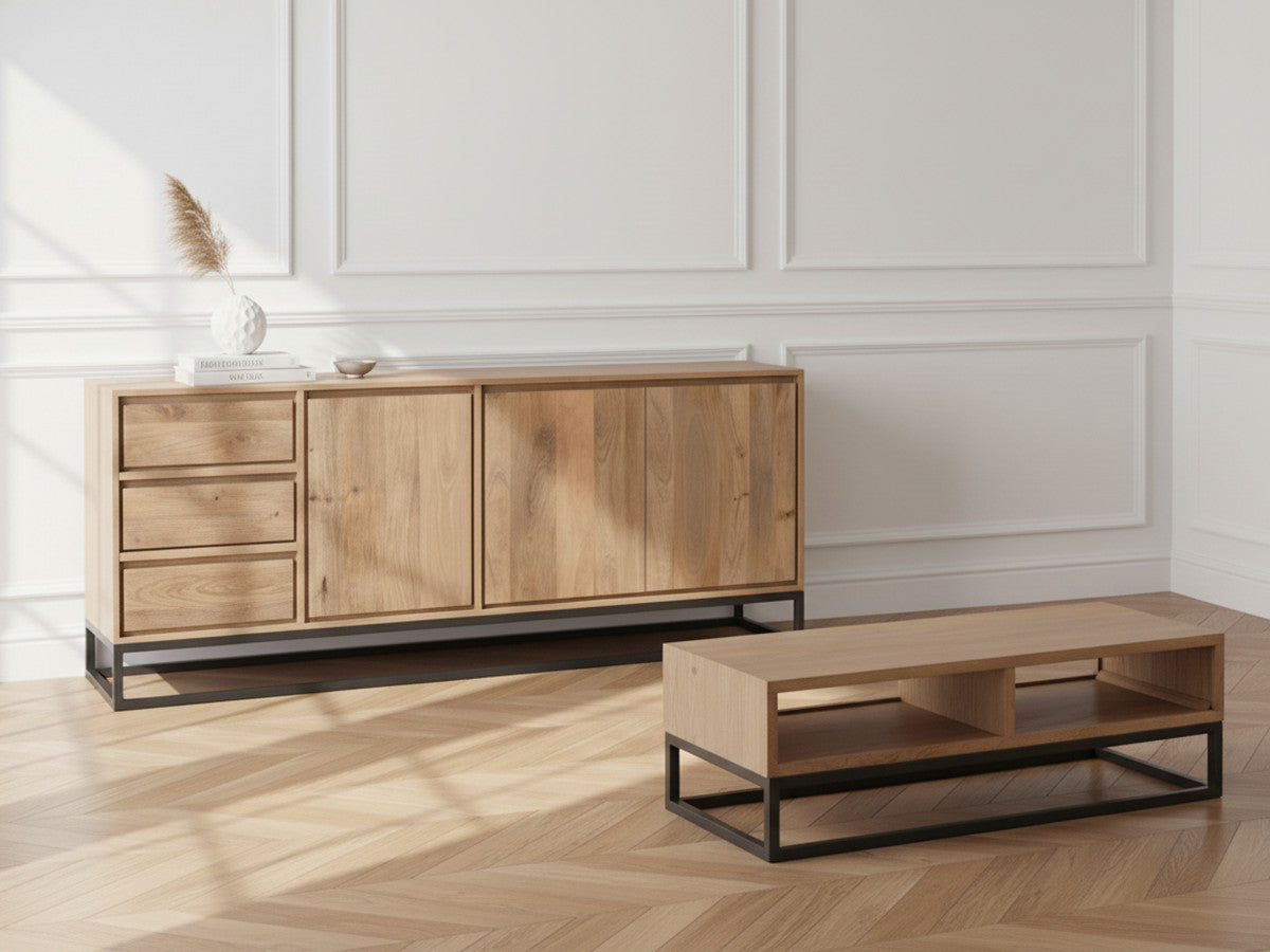 Bergerac - Ensemble Avec Buffet 190 Cm + Table Basse Bois Massif De Manguier