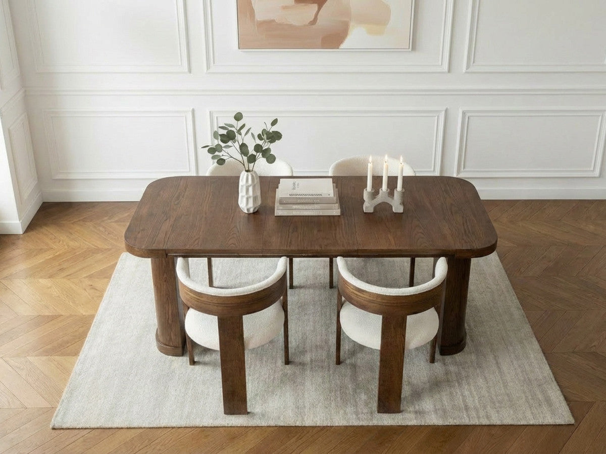 Cassis - Ensemble Avec Console Extensible 43 À 187 Cm + 4 Chaises Borely - Placage Chêne Massif Et Tissu Bouclette