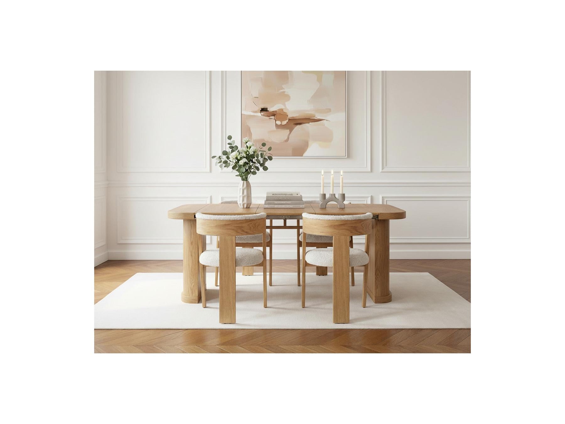 Cassis - Ensemble Avec Console Extensible 43 À 187 Cm + 4 Chaises Borely - Placage Chêne Massif Et Tissu Bouclette