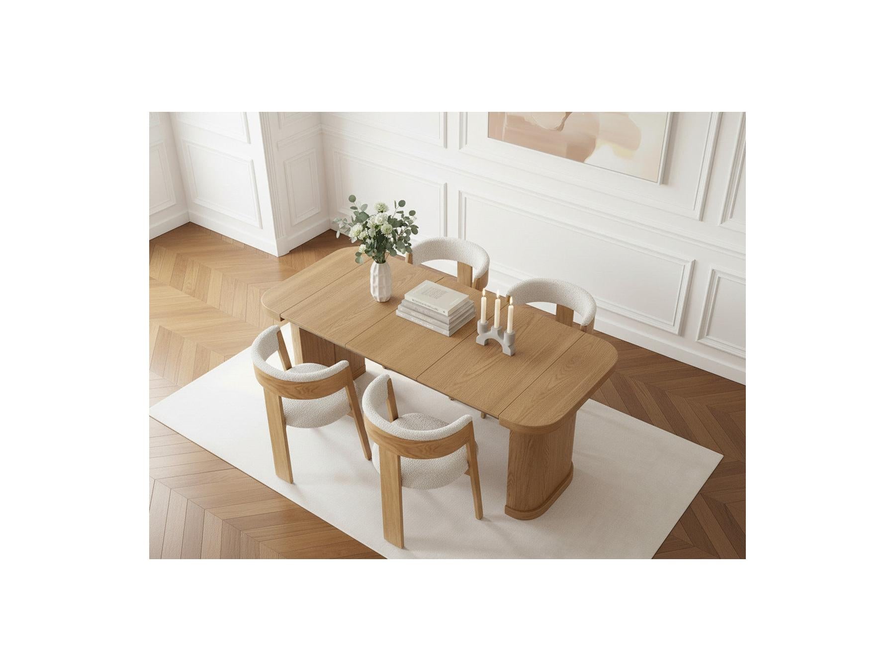 Cassis - Ensemble Avec Console Extensible 43 À 187 Cm + 4 Chaises Borely - Placage Chêne Massif Et Tissu Bouclette