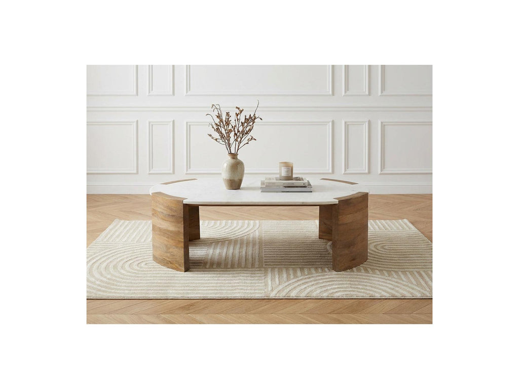 Torvi - Mesa de centro ovalada Torvi con tablero de mármol y patas de madera maciza de acacia