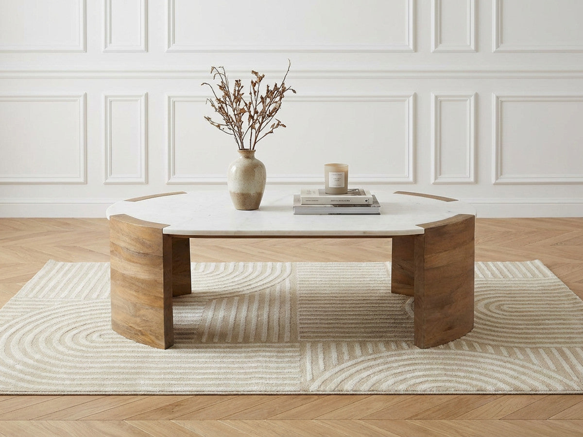 Torvi - Mesa de centro ovalada Torvi con tablero de mármol y patas de madera maciza de acacia
