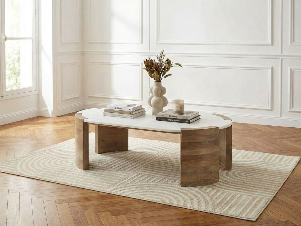 Torvi - Mesa de centro ovalada Torvi con tablero de mármol y patas de madera maciza de acacia