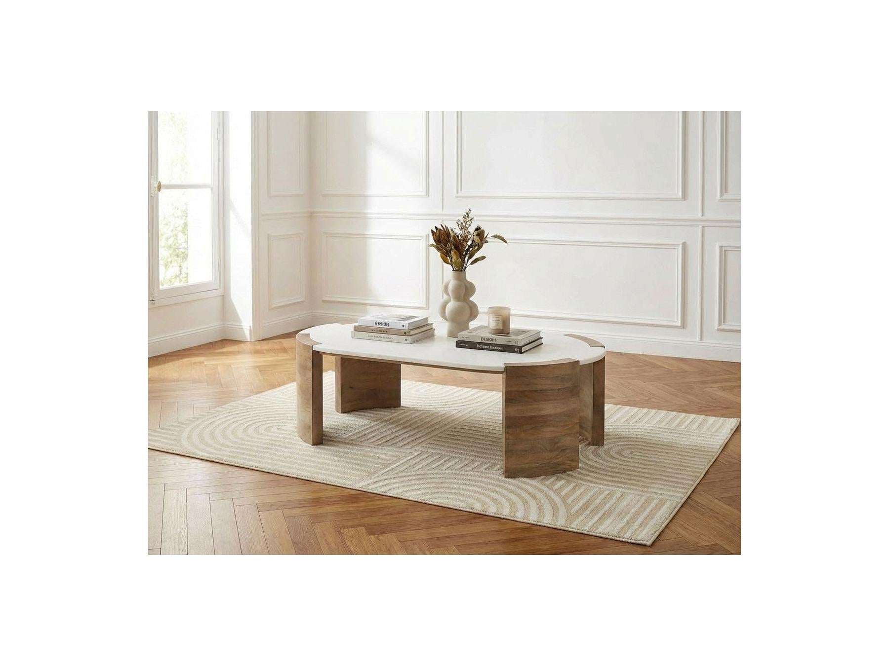 Torvi - Mesa de centro ovalada Torvi con tablero de mármol y patas de madera maciza de acacia