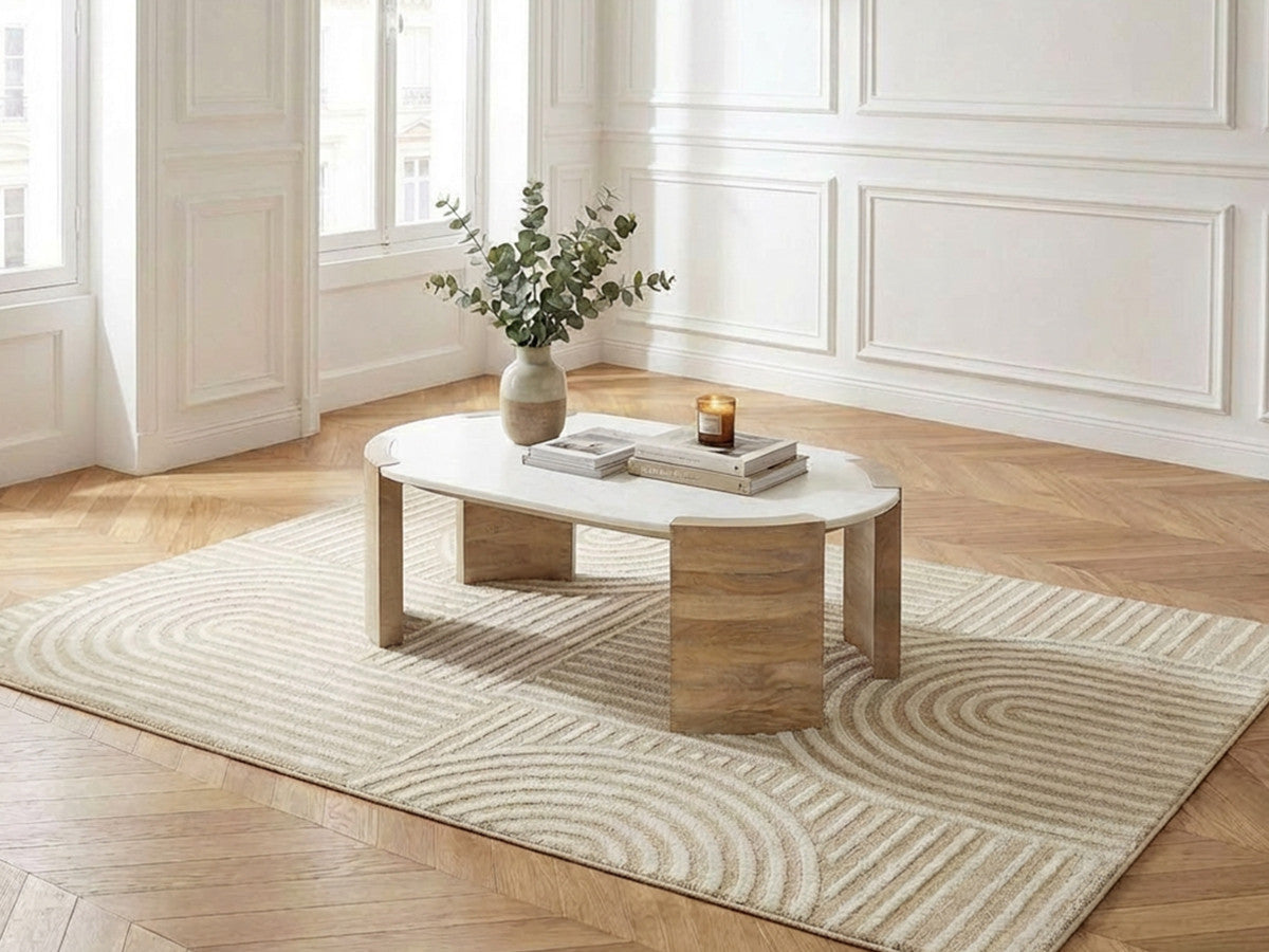 Torvi - Mesa de centro ovalada Torvi con tablero de mármol y patas de madera maciza de acacia