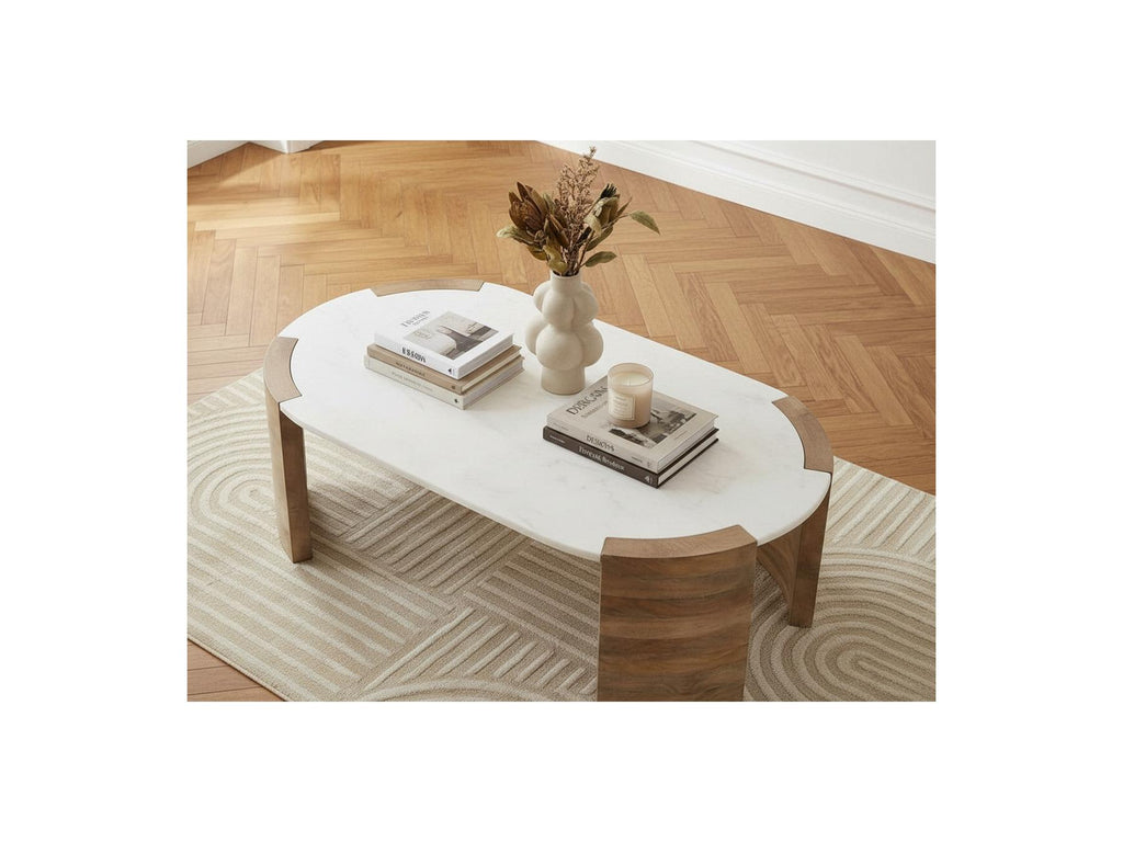 Torvi - Mesa de centro ovalada Torvi con tablero de mármol y patas de madera maciza de acacia