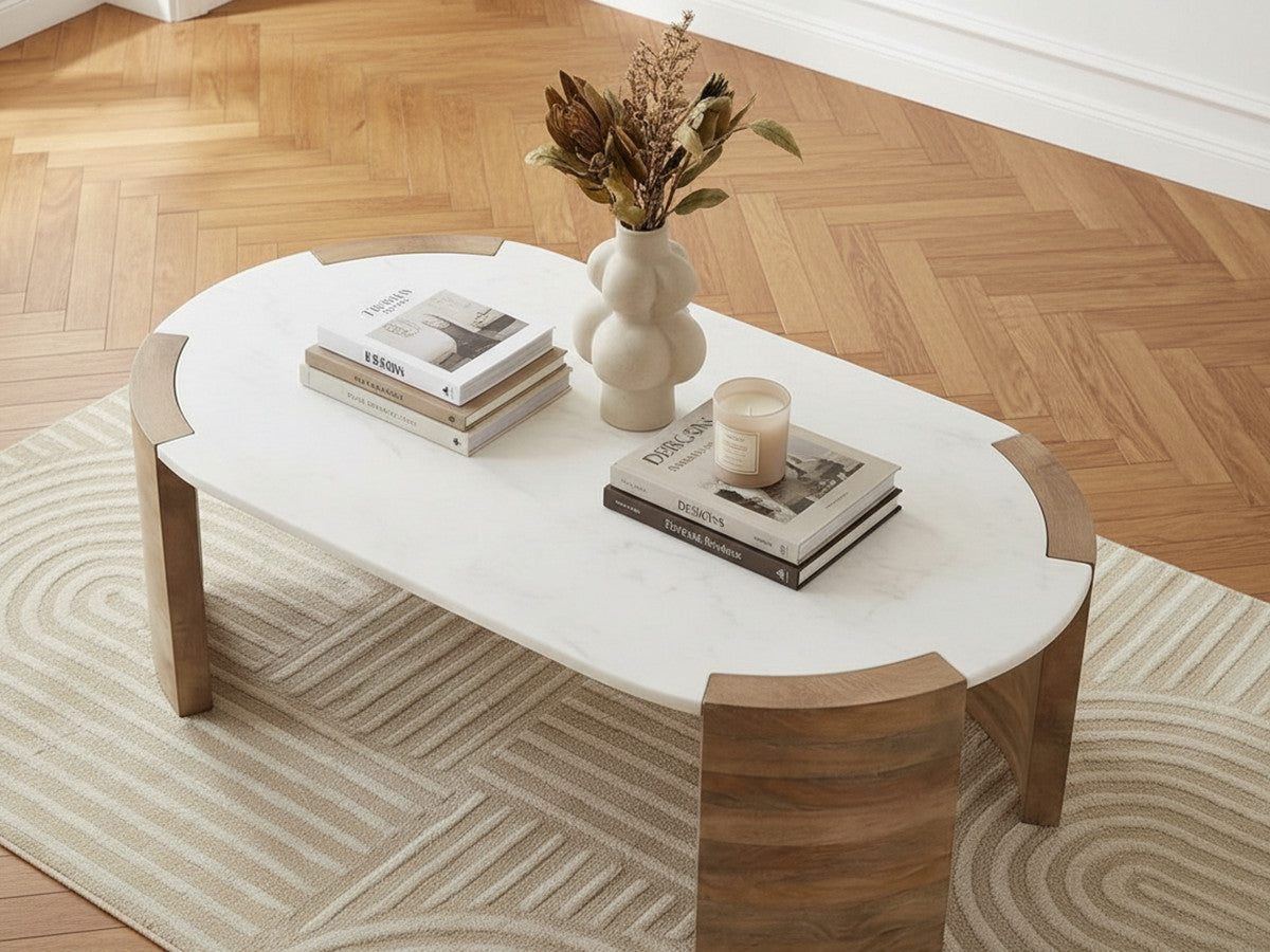 Torvi - Mesa de centro ovalada Torvi con tablero de mármol y patas de madera maciza de acacia