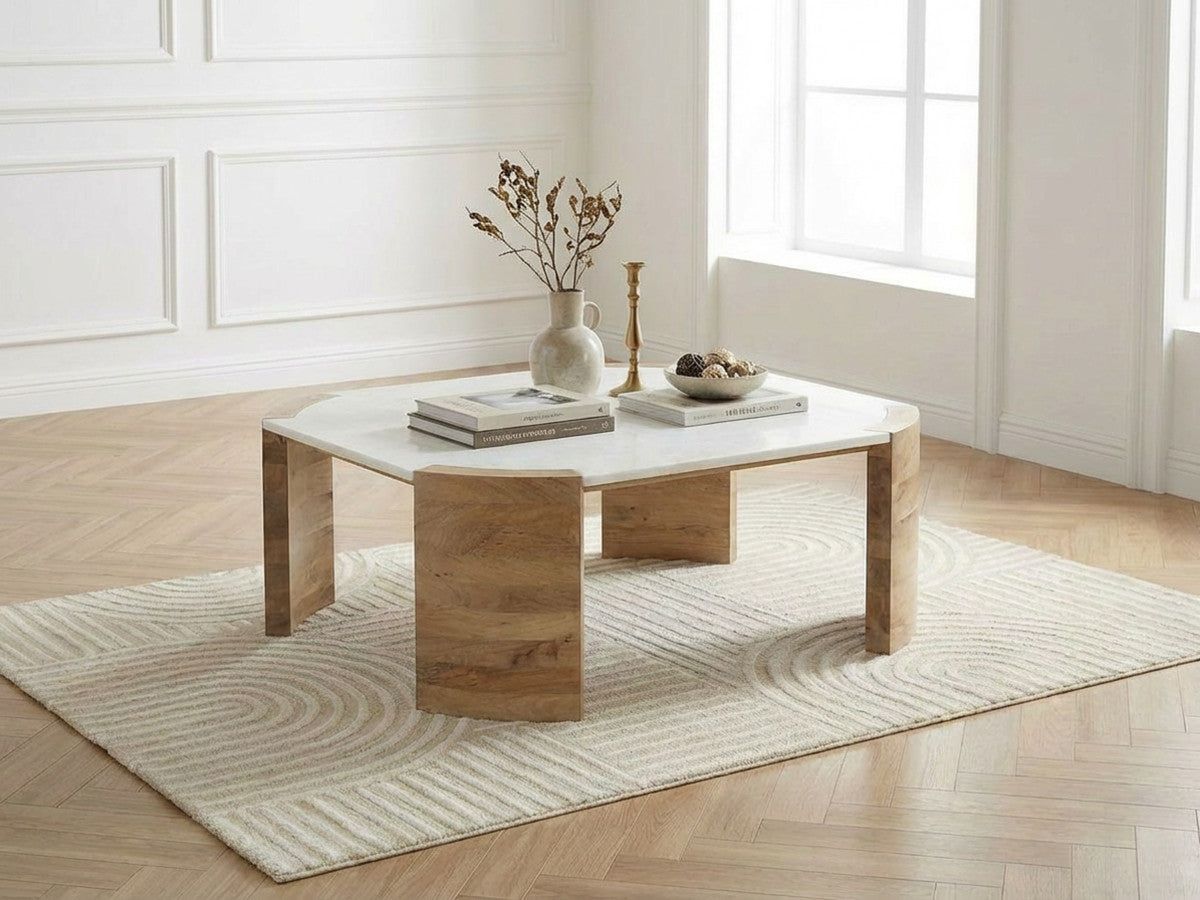 Torvi - Torvi Square Coffee Table with Marble Top and Solid Acacia Wood Legs