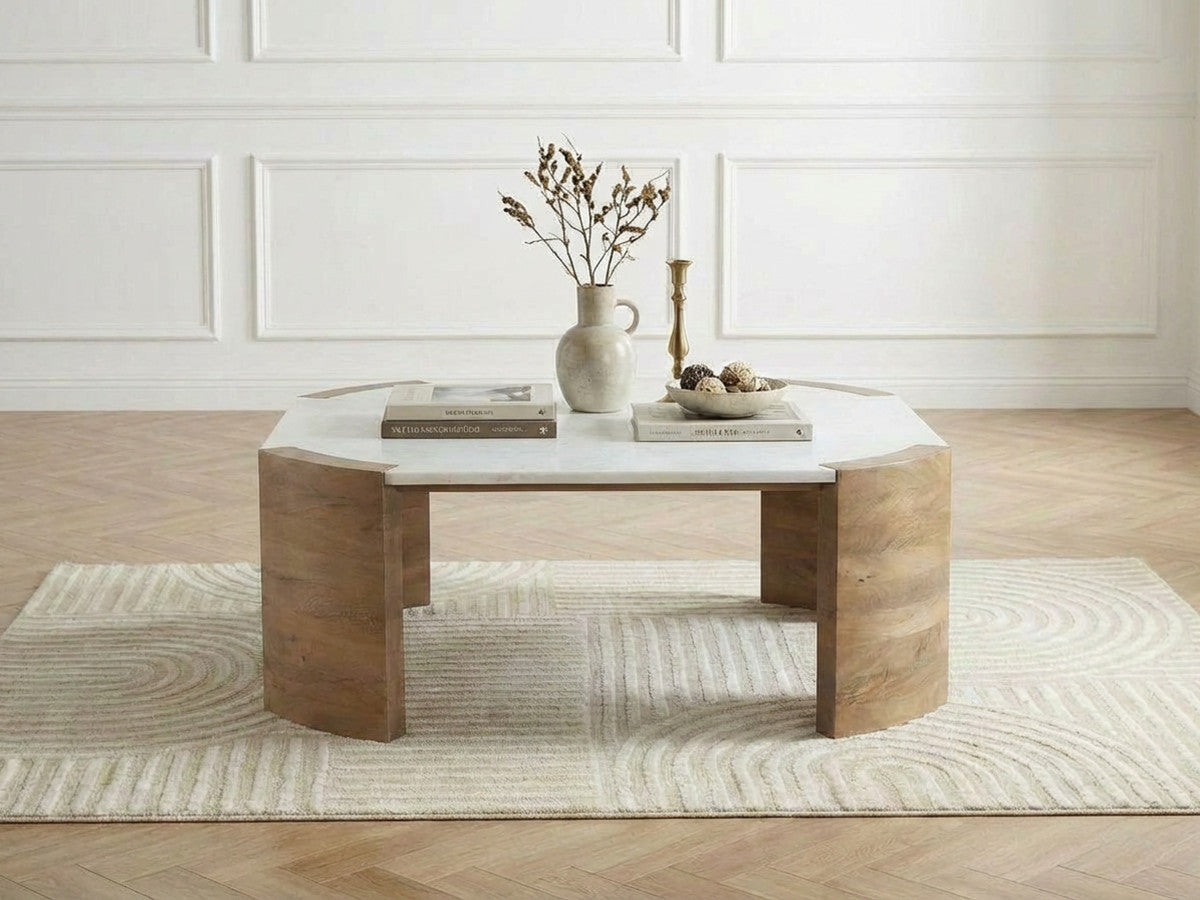 Torvi - Torvi Square Coffee Table with Marble Top and Solid Acacia Wood Legs