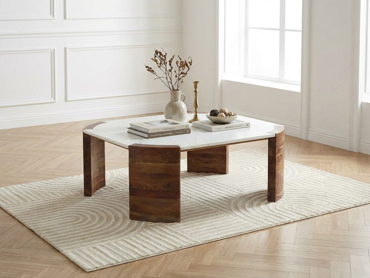 Torvi - Square Coffee Table Torvi Marble Top And Solid Mango Wood Legs