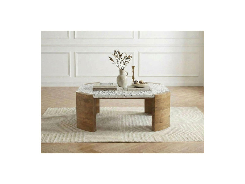 Torvi - Table Basse Carrée - Plateau Terrazzo Et Pieds Bois Massif De Manguier