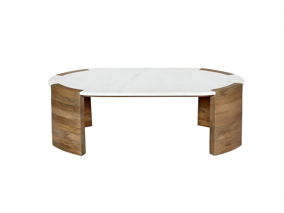 Torvi - Mesa de centro ovalada Torvi con tablero de mármol y patas de madera maciza de acacia