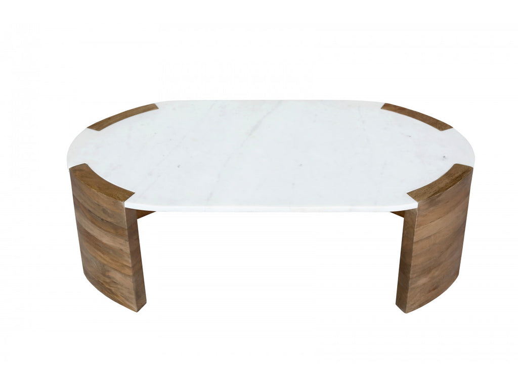 Torvi - Mesa de centro ovalada Torvi con tablero de mármol y patas de madera maciza de acacia