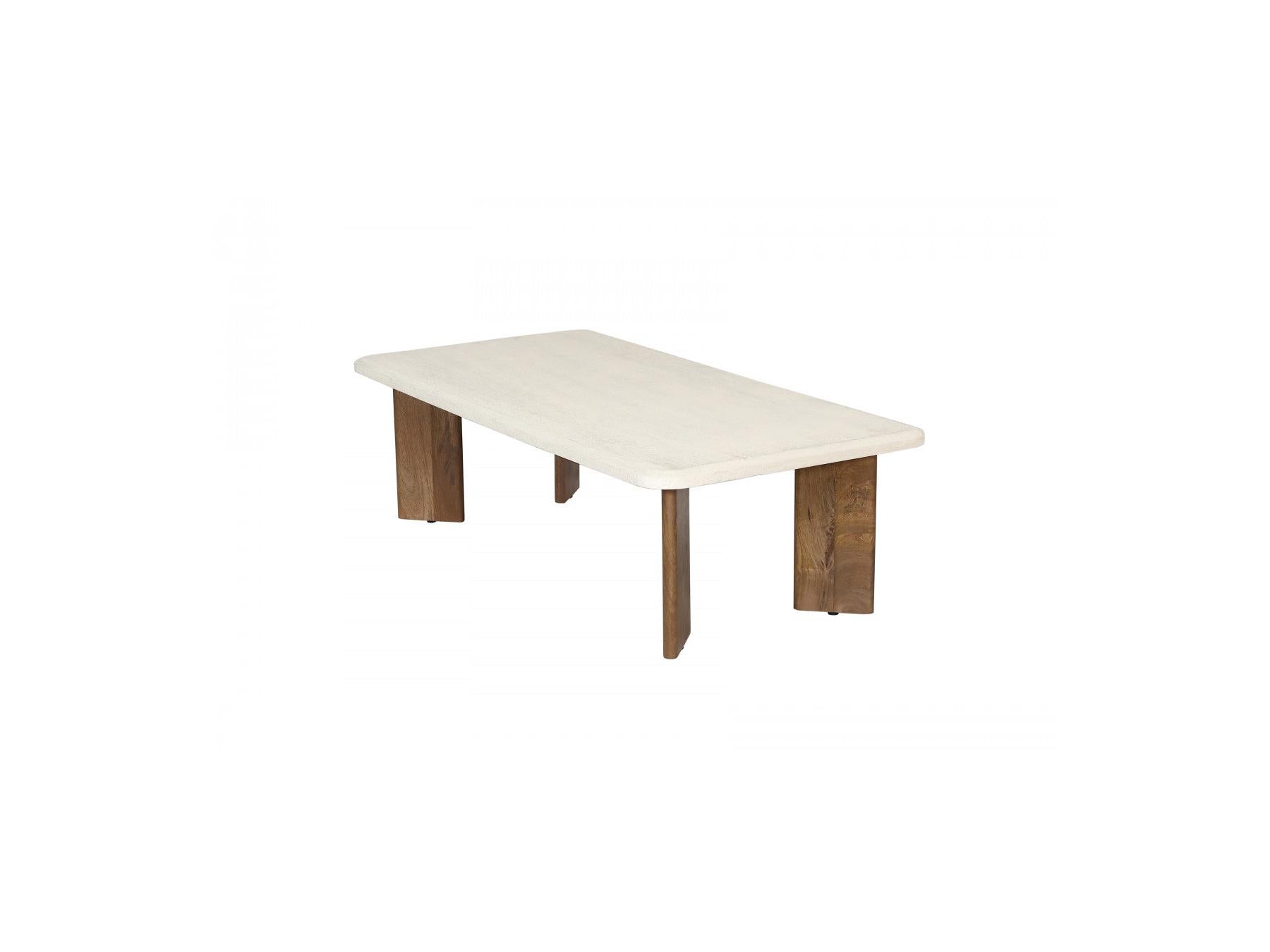 Arya - Table Basse Rectangulaire 120 Cm Effet Travertin Et Pieds Bois Massif De Manguier