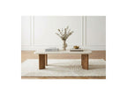 Arya - Table Basse Rectangulaire 120 Cm Effet Travertin Et Pieds Bois Massif De Manguier