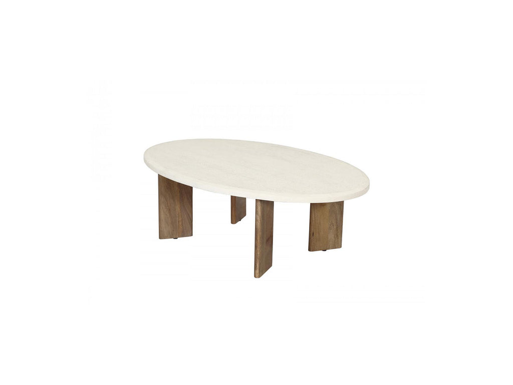 Arya - Table Basse Ovale 110 Cm Effet Travertin Et Pieds Bois Massif De Manguier