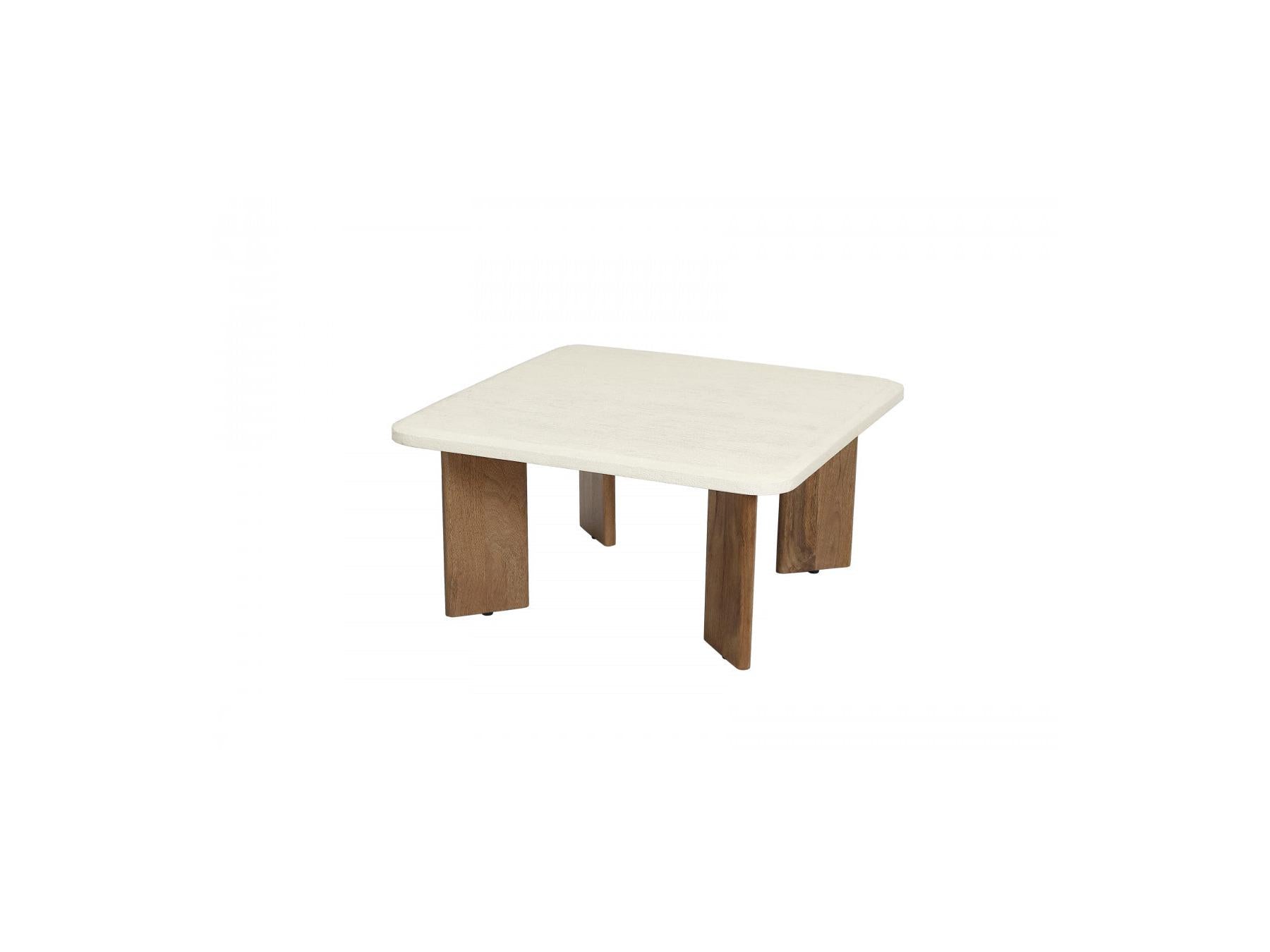 Arya - Table Basse Carrée 70 Cm Effet Travertin Et Pieds Bois Massif De Manguier