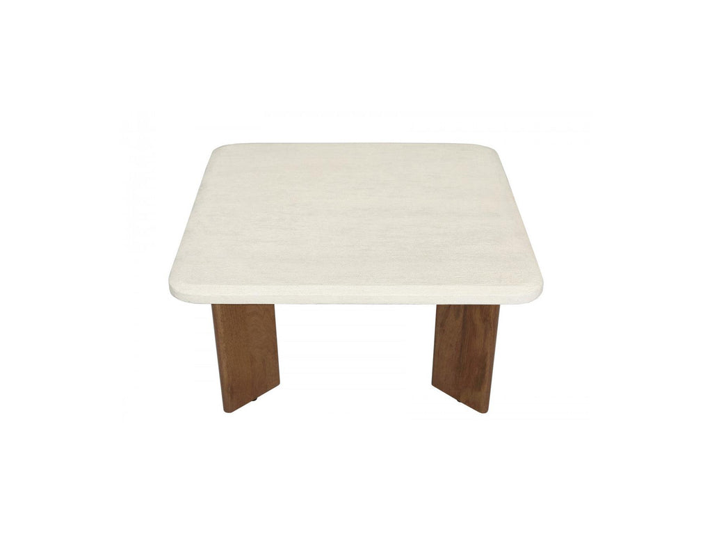 Arya - Table Basse Carrée 70 Cm Effet Travertin Et Pieds Bois Massif De Manguier