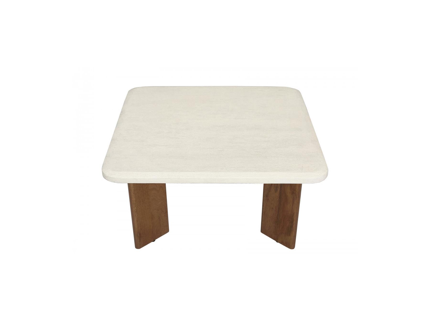 Arya - Table Basse Carrée 70 Cm Effet Travertin Et Pieds Bois Massif De Manguier