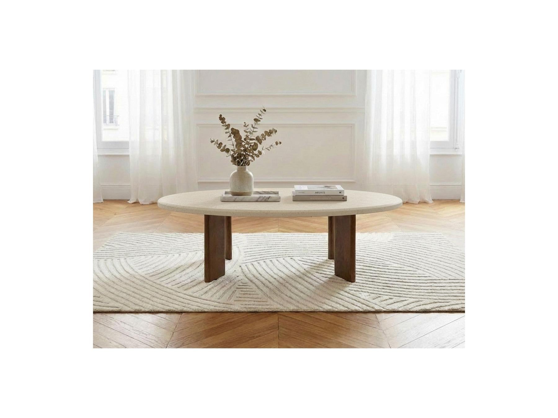 Arya - Table Basse Ovale 110 Cm Effet Travertin Et Pieds Bois Massif De Manguier