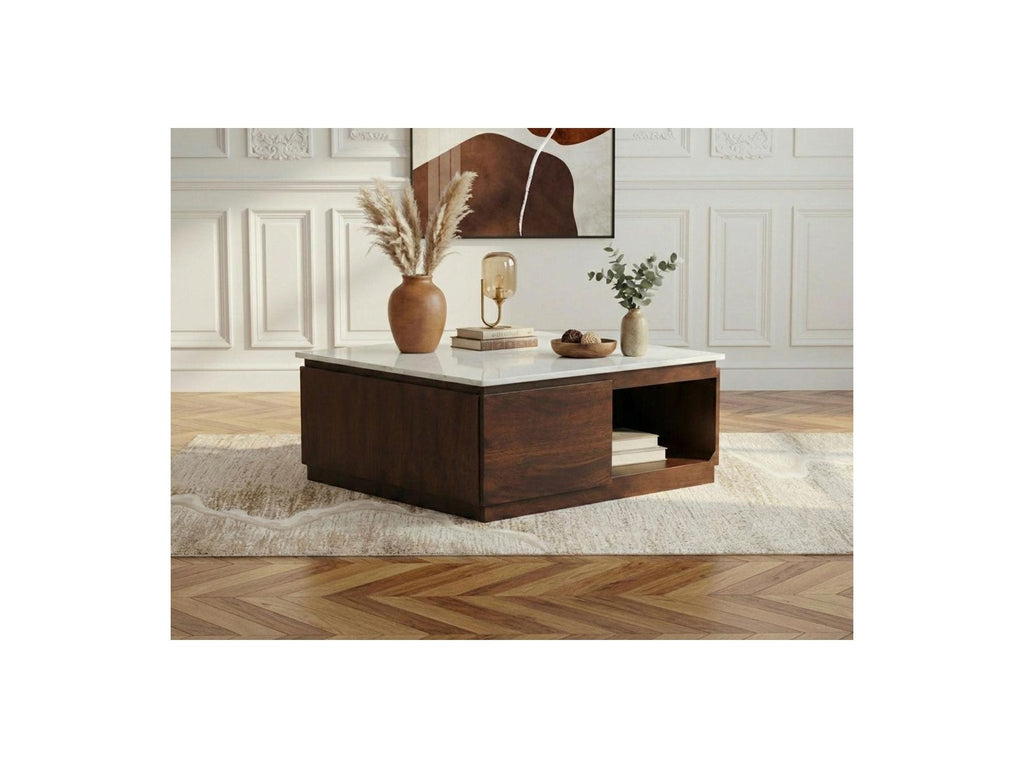 Barbara - Table Basse Carrée 2 Tiroirs 80 Cm Bois Massif De Manguier Et Marbre