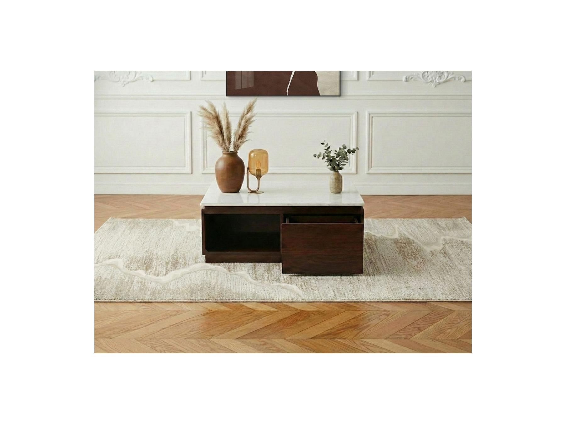 Barbara - Table Basse Carrée 2 Tiroirs 80 Cm Bois Massif De Manguier Et Marbre