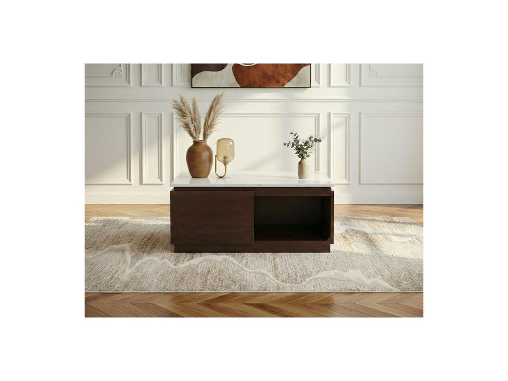 Barbara - Table Basse Carrée 2 Tiroirs 80 Cm Bois Massif De Manguier Et Marbre