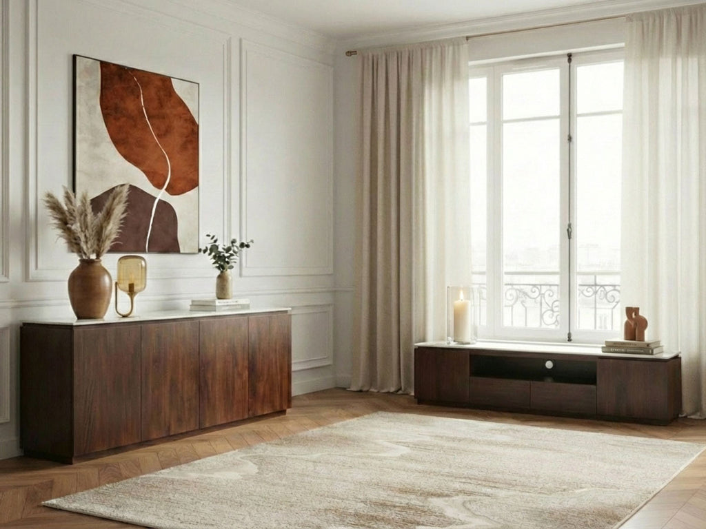 Barbara - Conjunto Barbara con aparador + mueble de TV de madera maciza de mango y mármol