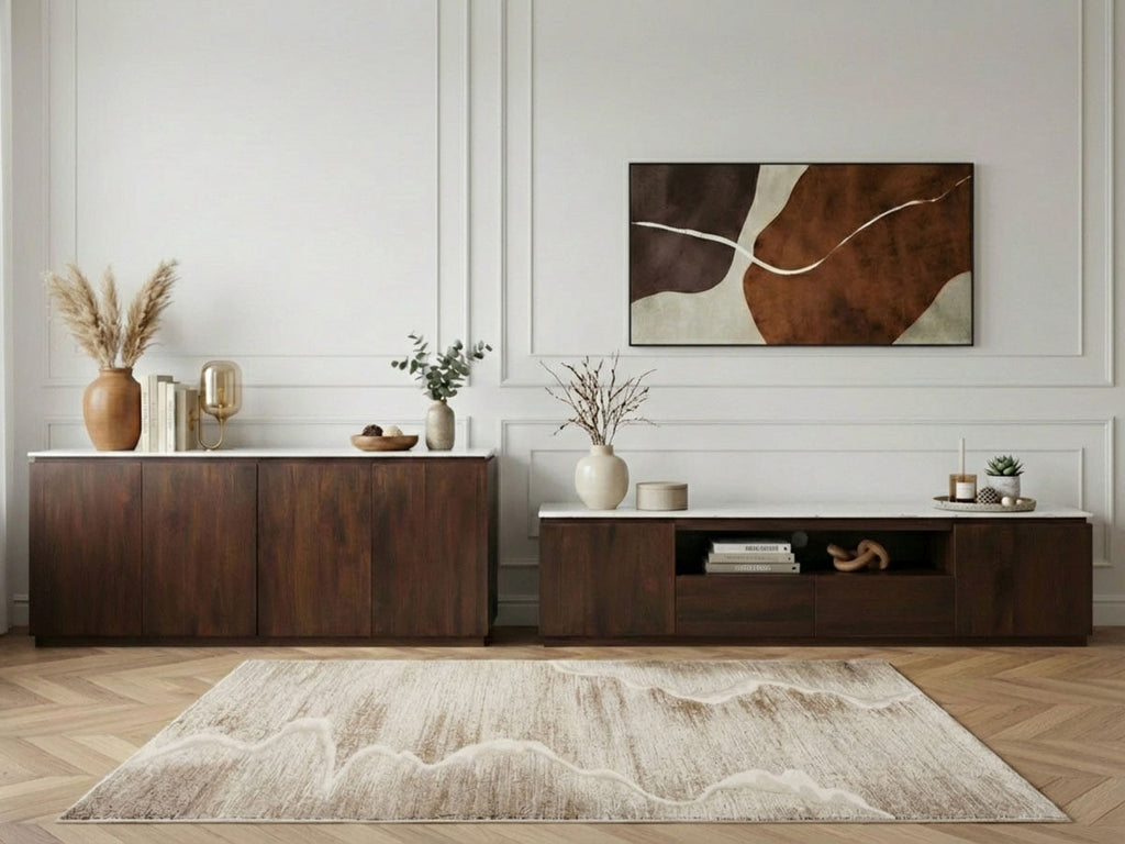 Barbara - Conjunto Barbara con aparador + mueble de TV de madera maciza de mango y mármol