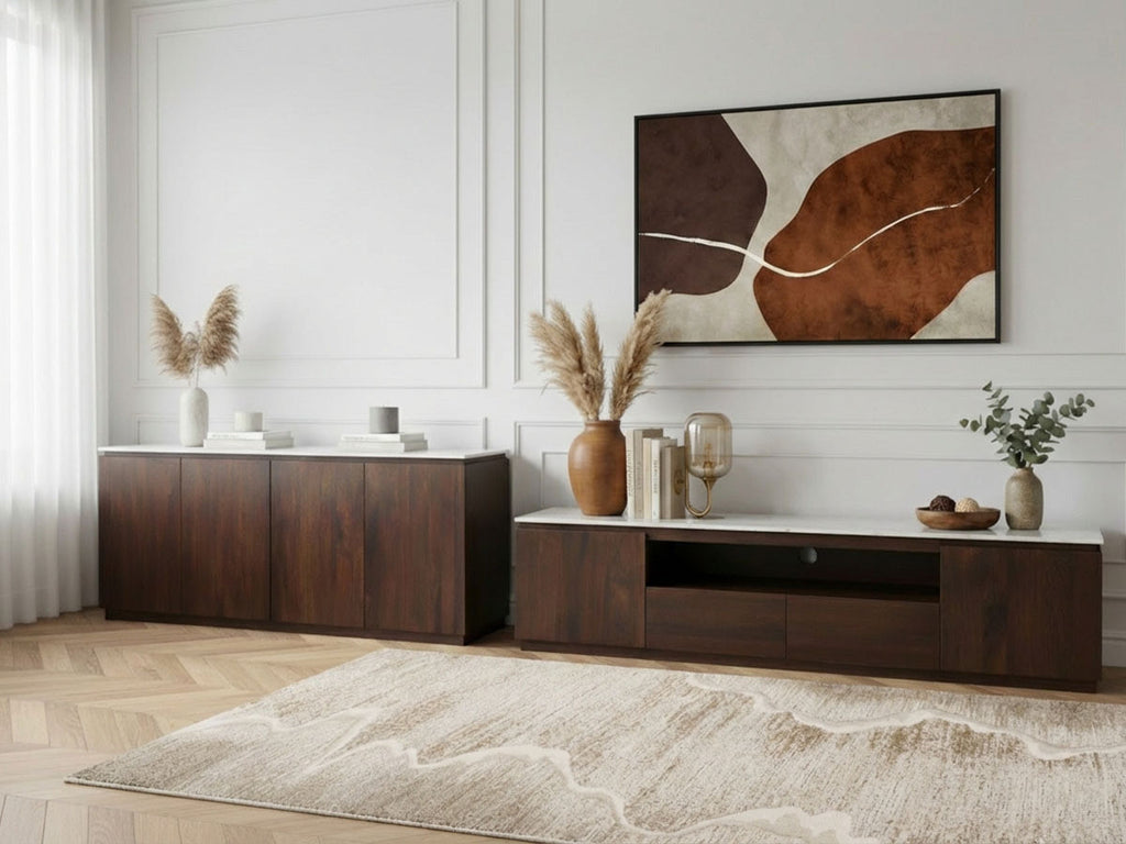 Barbara - Conjunto Barbara con aparador + mueble de TV de madera maciza de mango y mármol