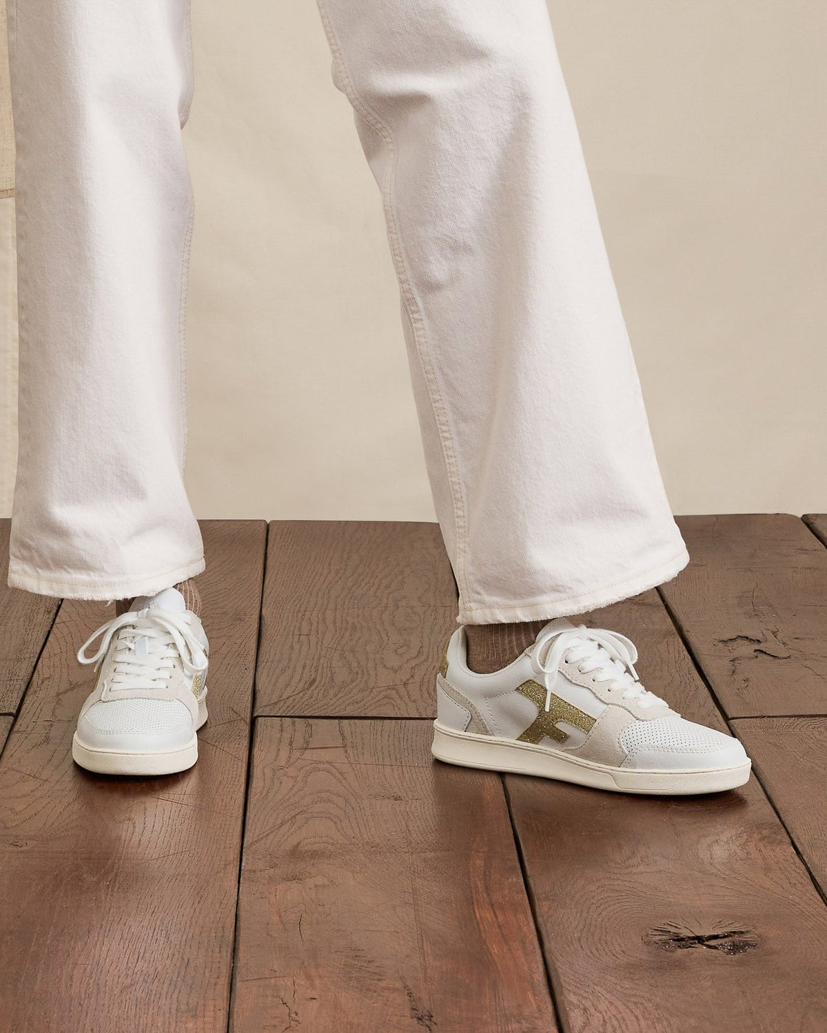 White & Gold Leather Trainers