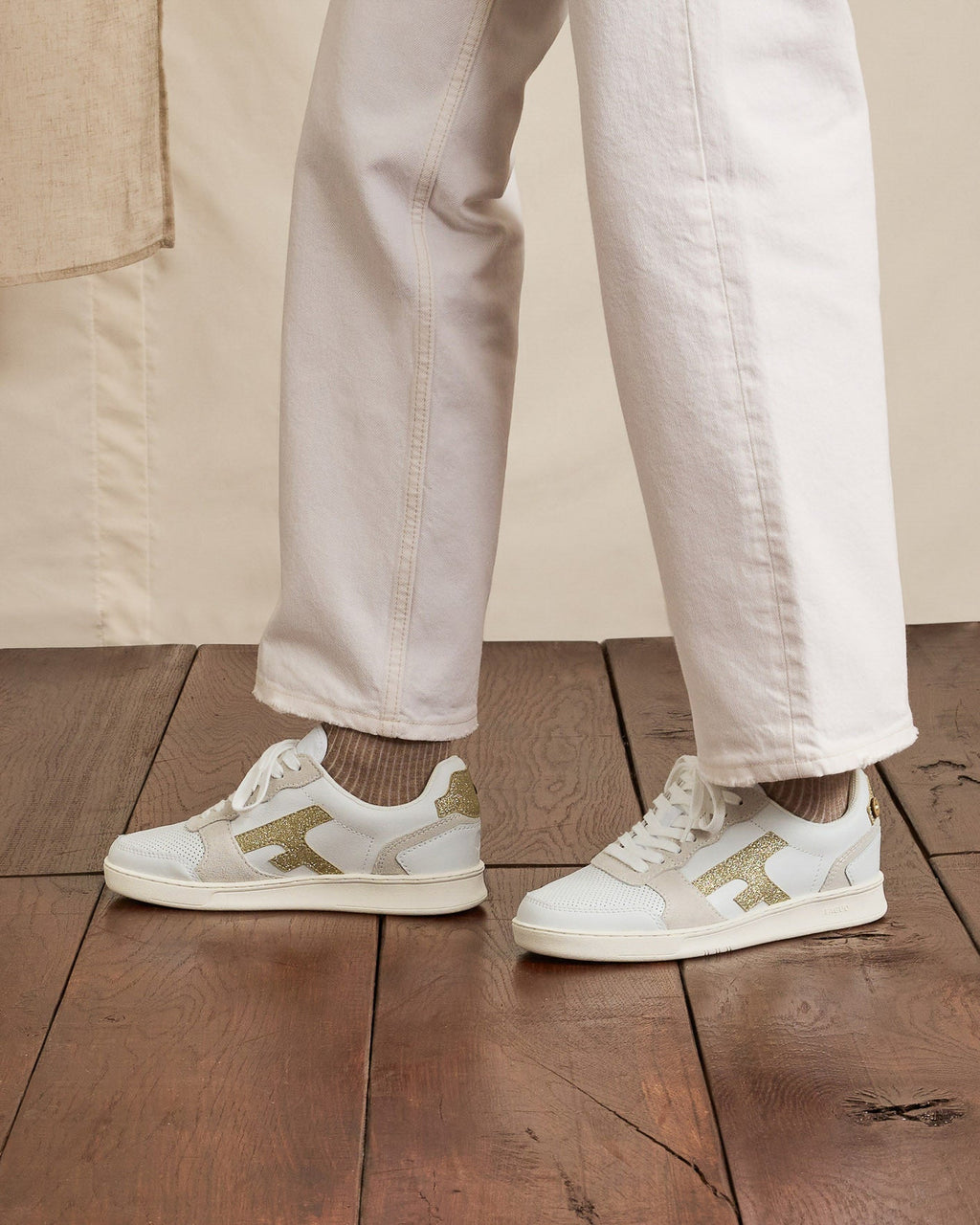 White & Gold Leather Trainers