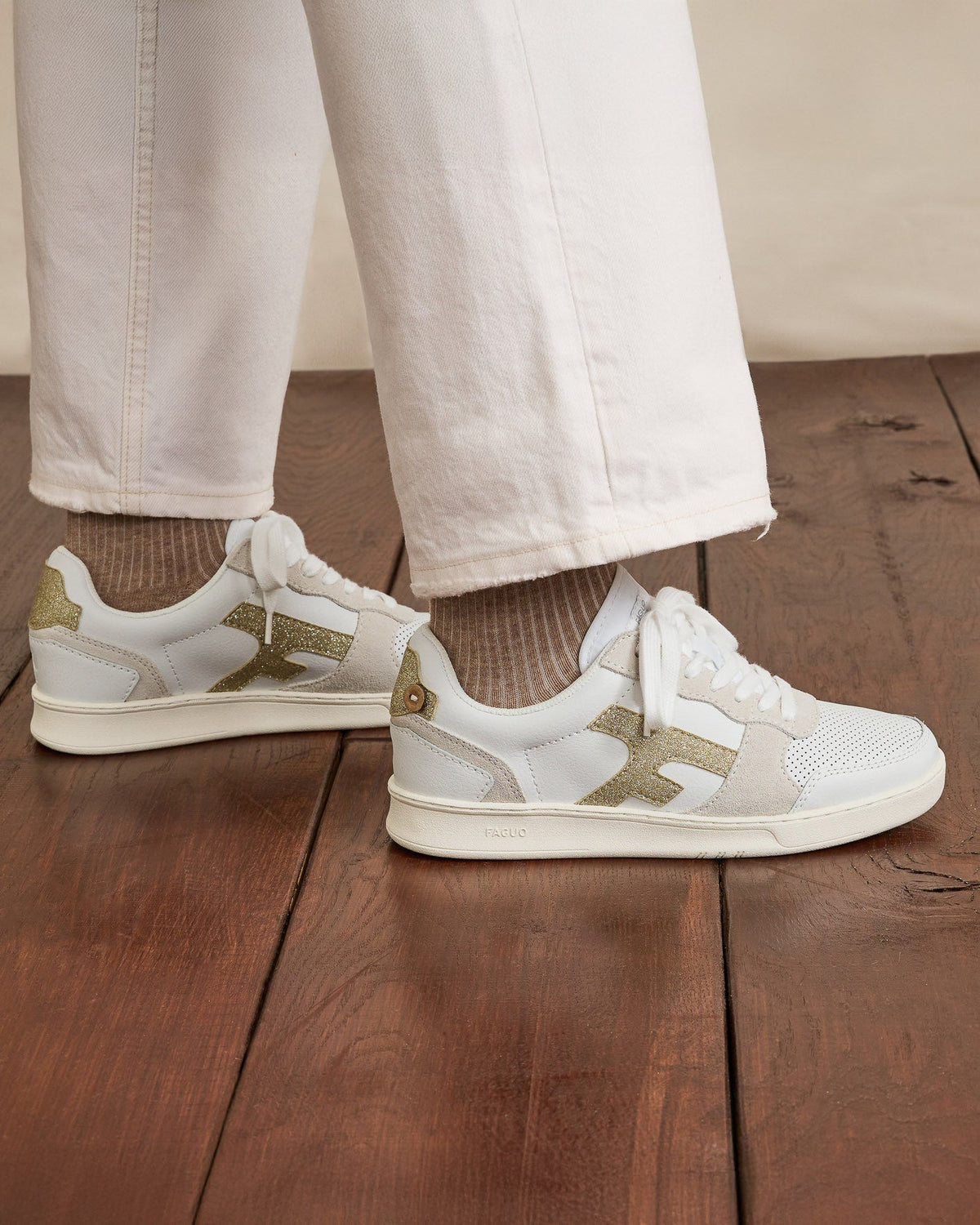White & Gold Leather Trainers