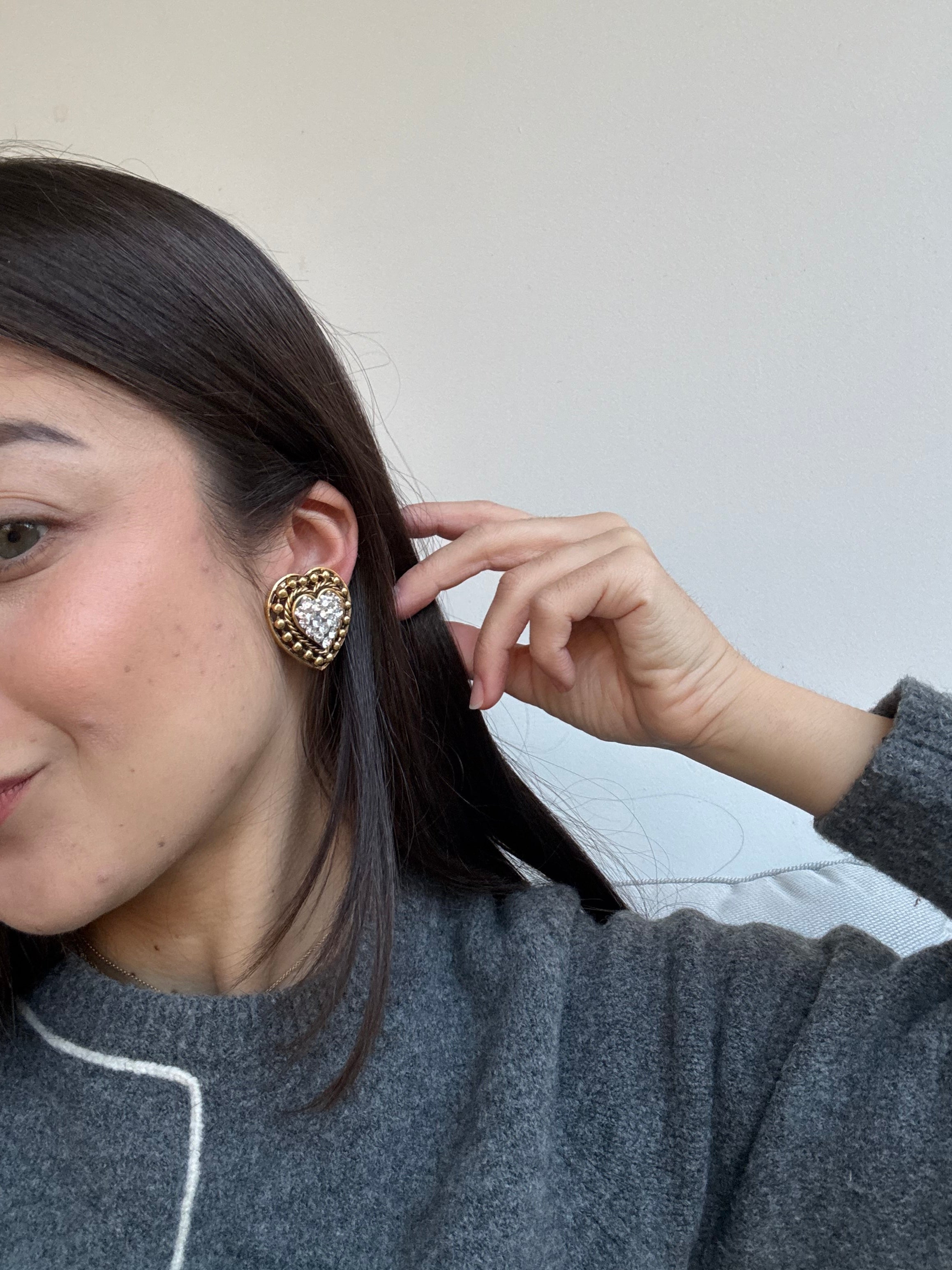 Vintage Earrings - Gold-Tone Hearts Adorned With Rhinestones
